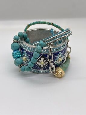 Turquoise Bead and Enamel Floral Bracelet Set of 5